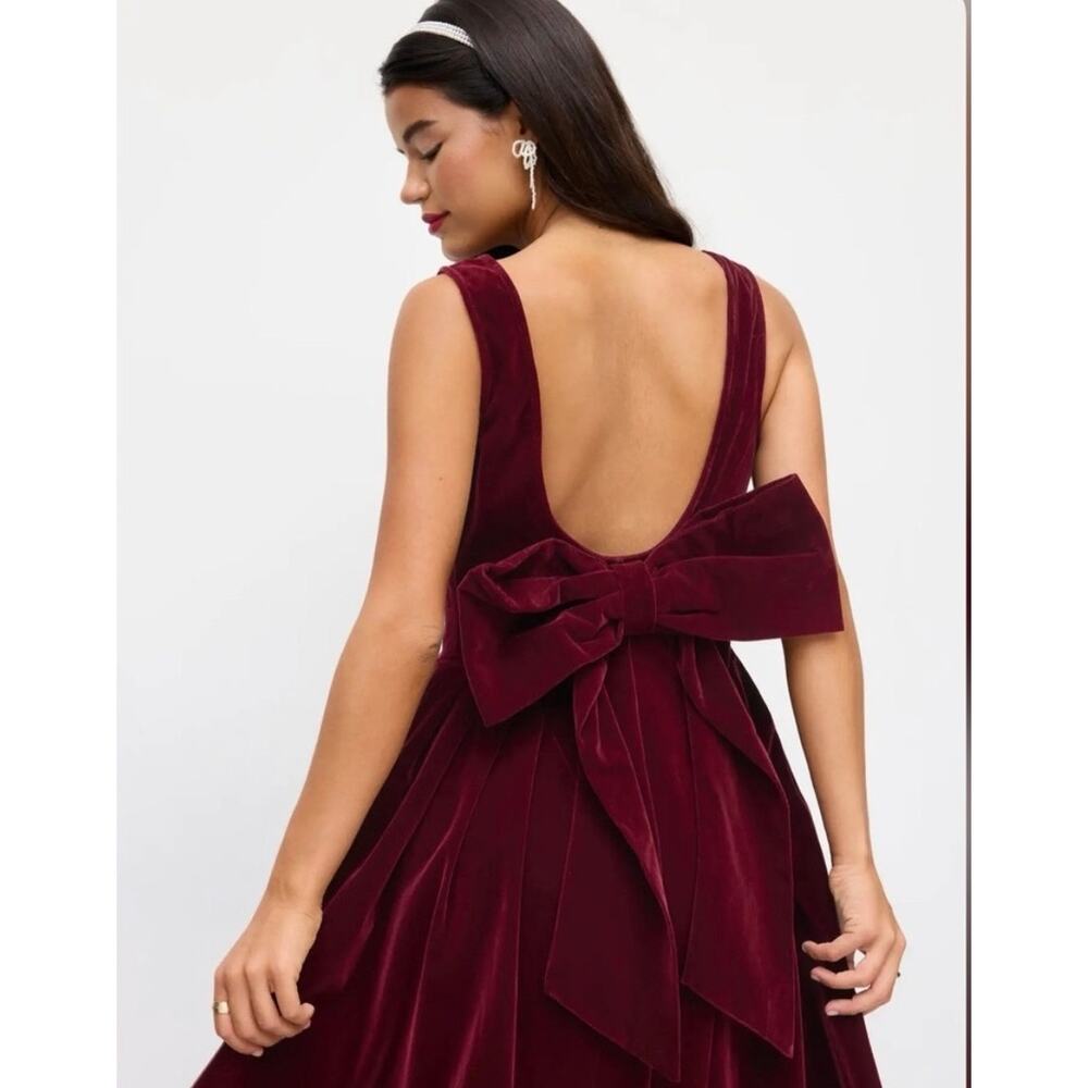 🔥Cider Velvet Boat Neck Bow Burgundy Party Audrey Hepburn Coquette Midi Dress